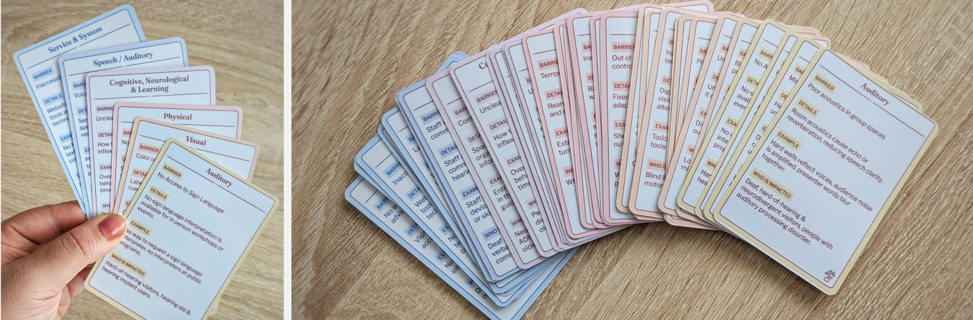 Collage of two side-by-side photos of accessibility barrier cards fanned out on a wooden surface. Cards are color-coded with blue, pink, and yellow borders, labeled with the following categories: Auditory, Visual, Physical, Cognitive Neurological and Learning, Speech / Auditory, and Service and System. A hand holds a card fan on the left.
